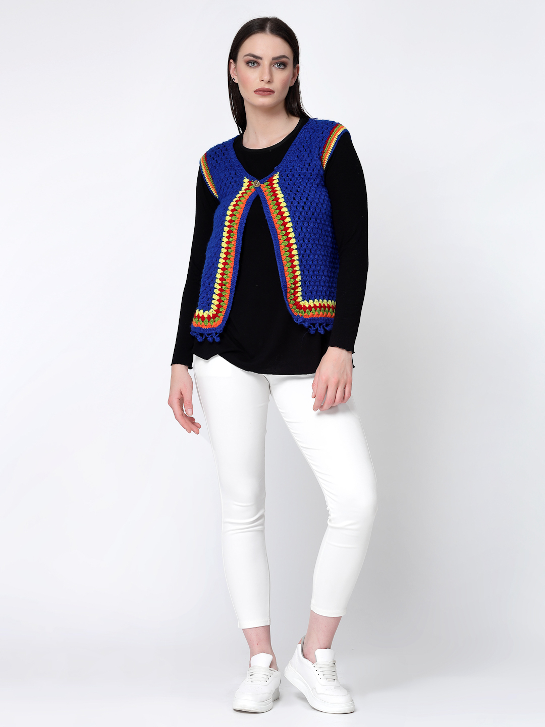 Crochet Womens Front Open Flat Granny Stitch Sweater - Blue