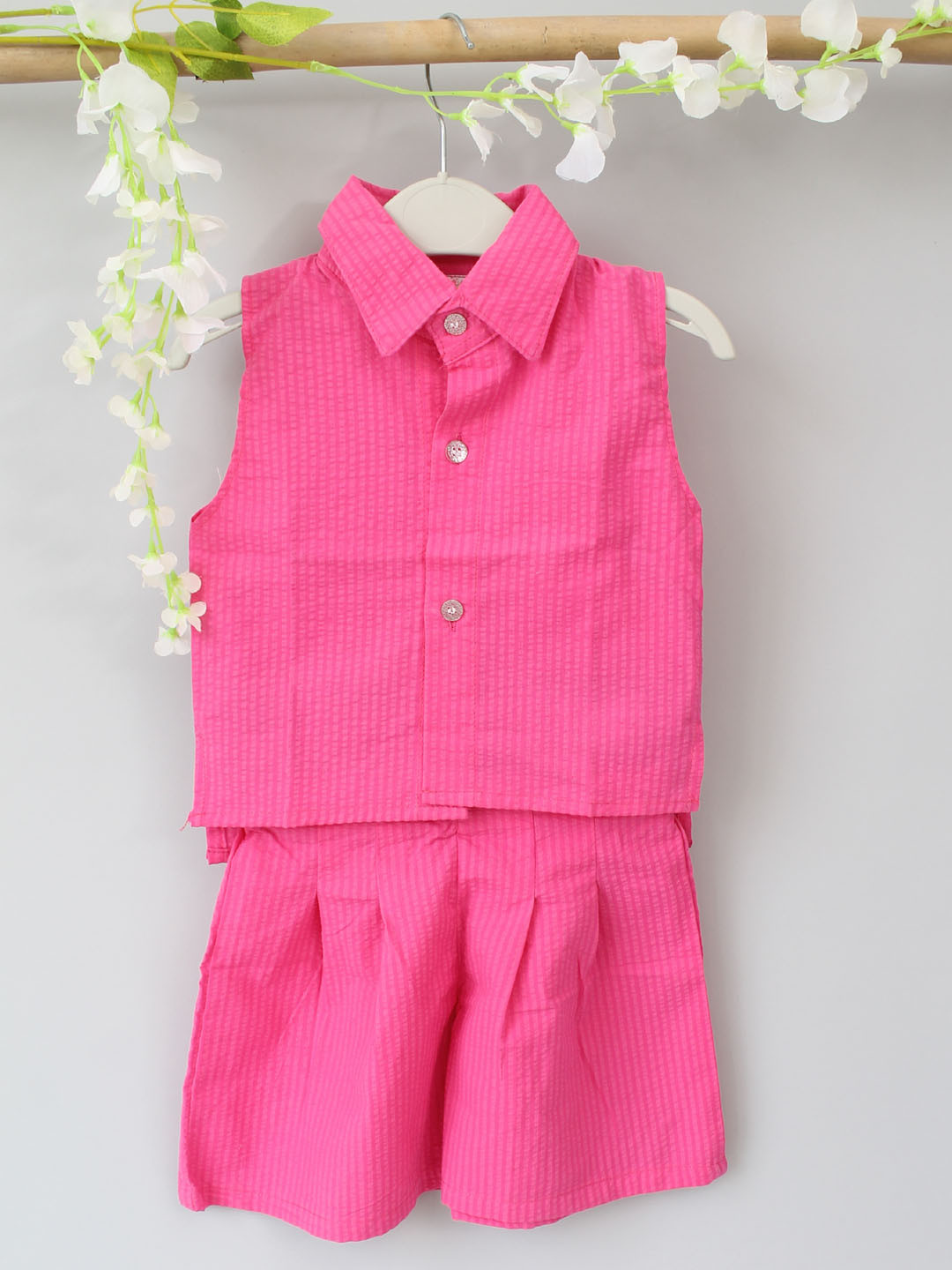 Front Open Summer Collar Detail Sleeveless Pink Co ord Set