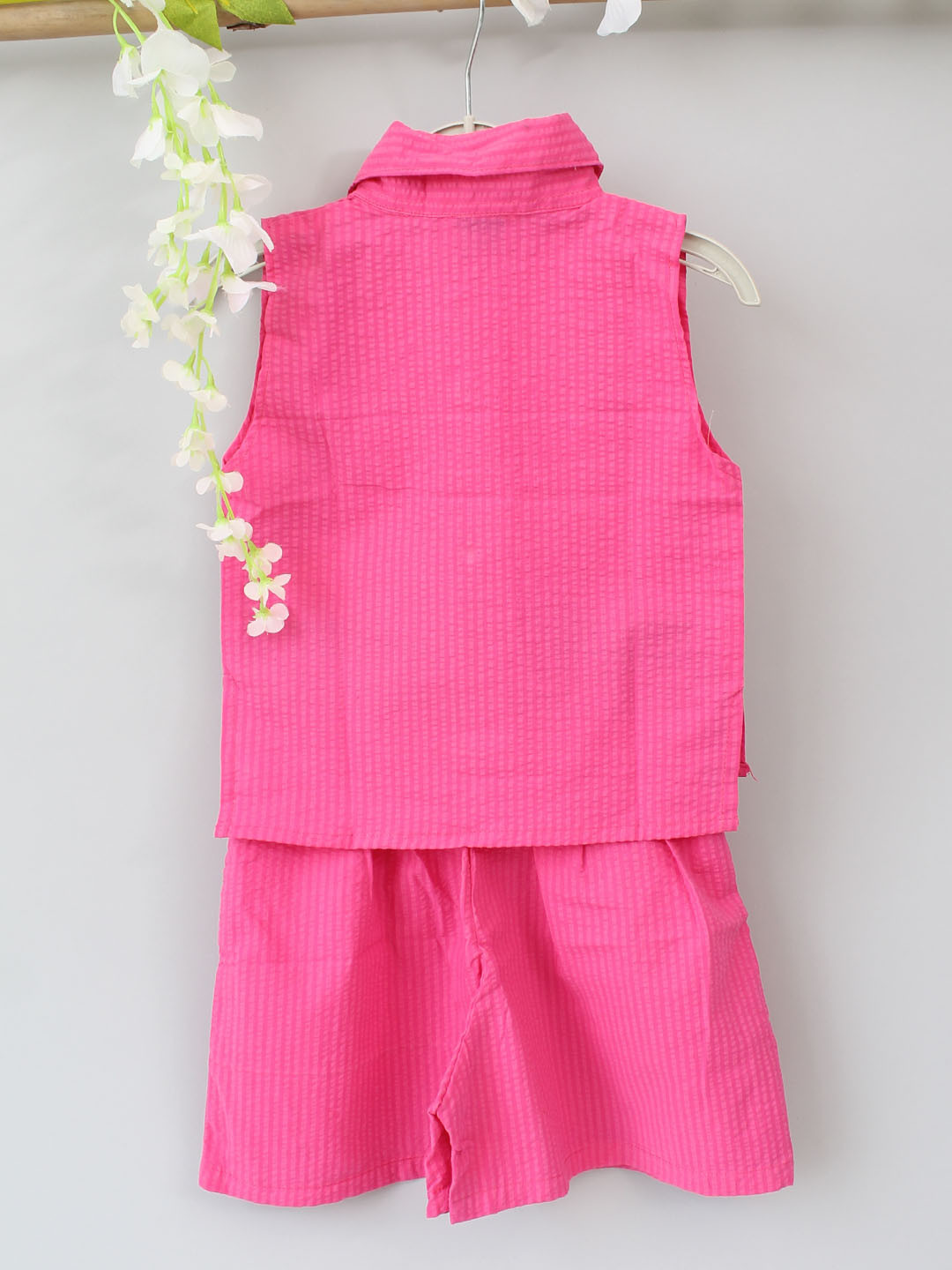 Front Open Summer Collar Detail Sleeveless Pink Co ord Set