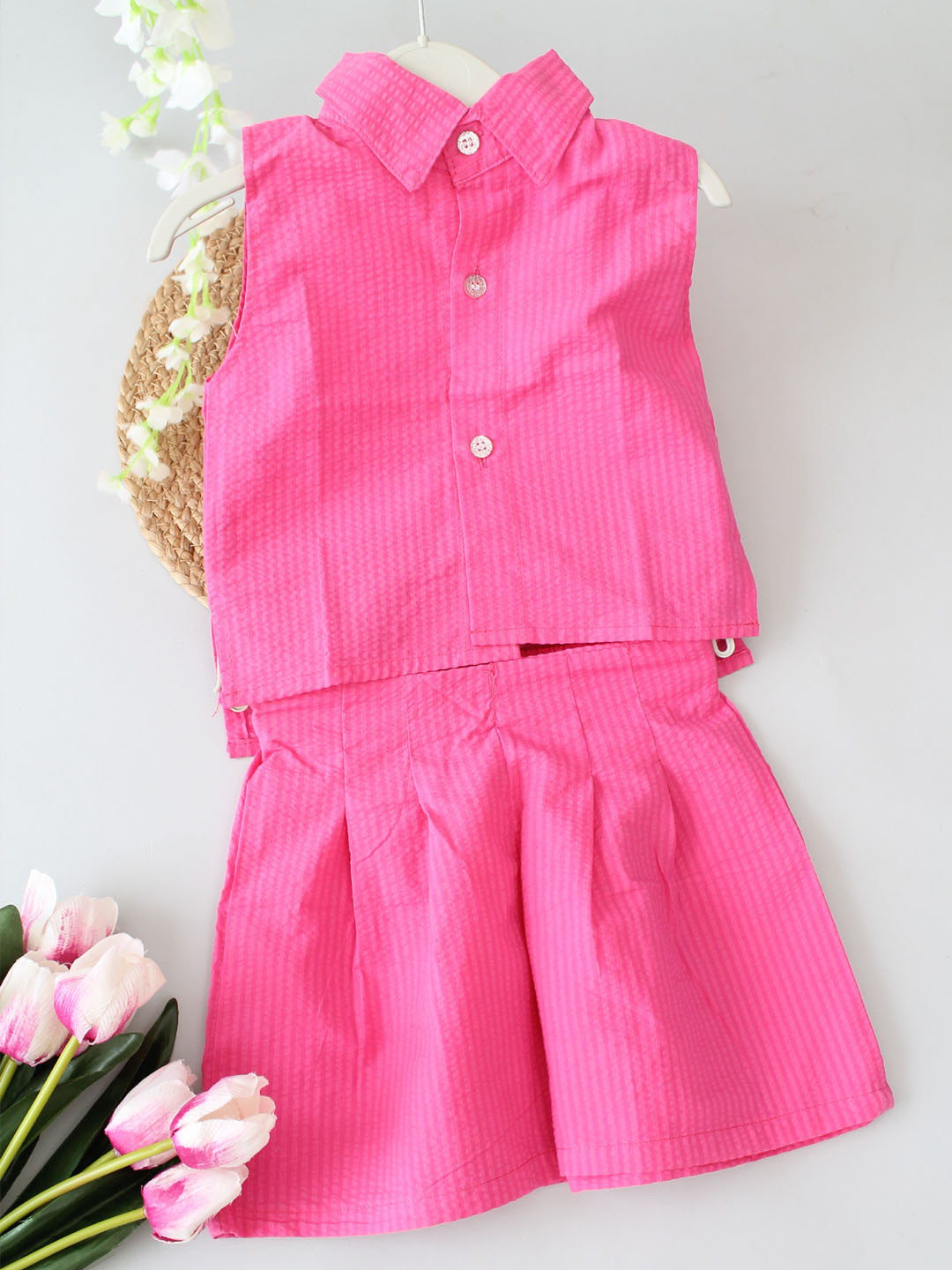 Front Open Summer Collar Detail Sleeveless Pink Co ord Set
