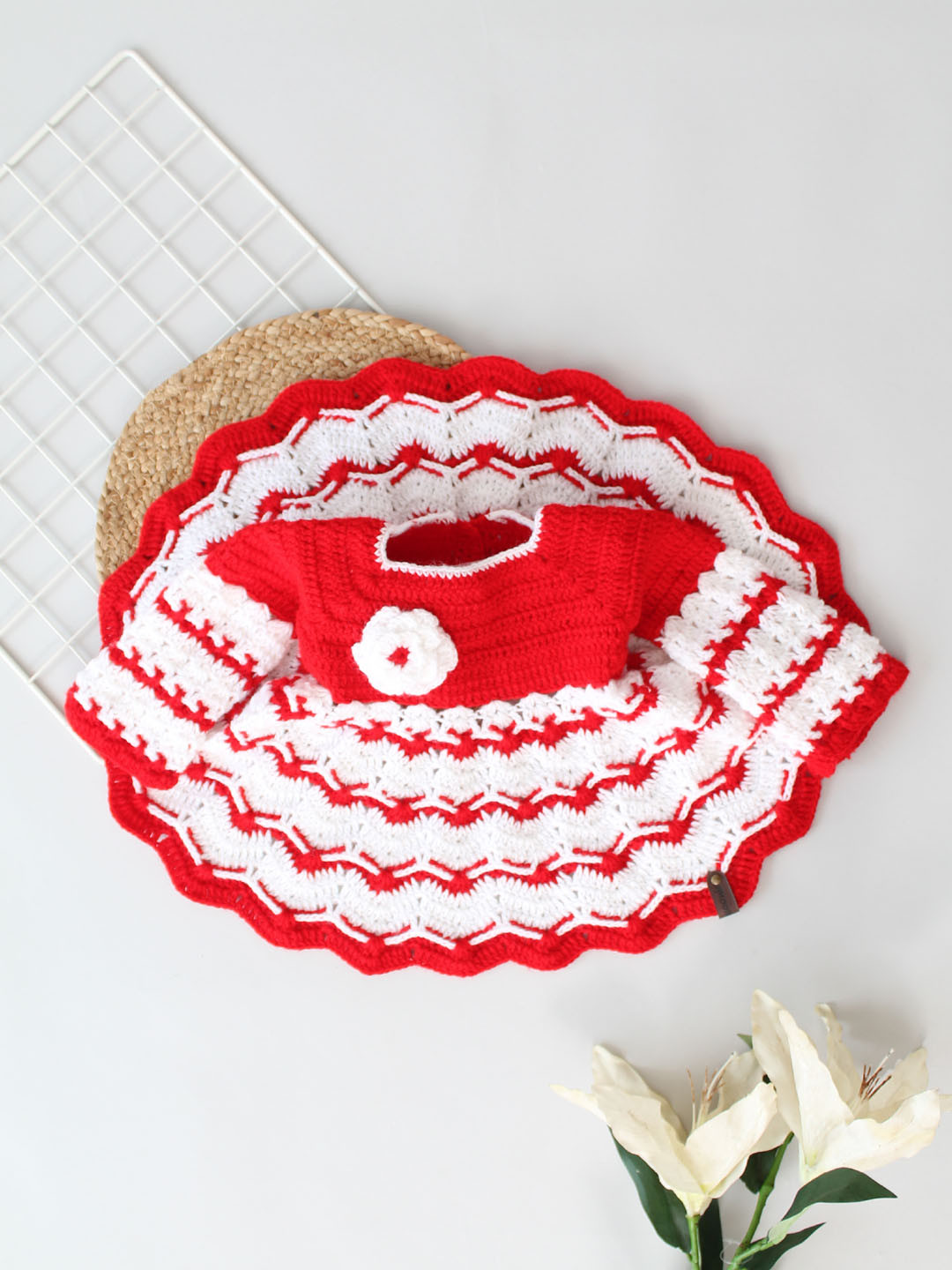 Full Sleeves Floral Applique Heavy woolen crochet Frock - Red