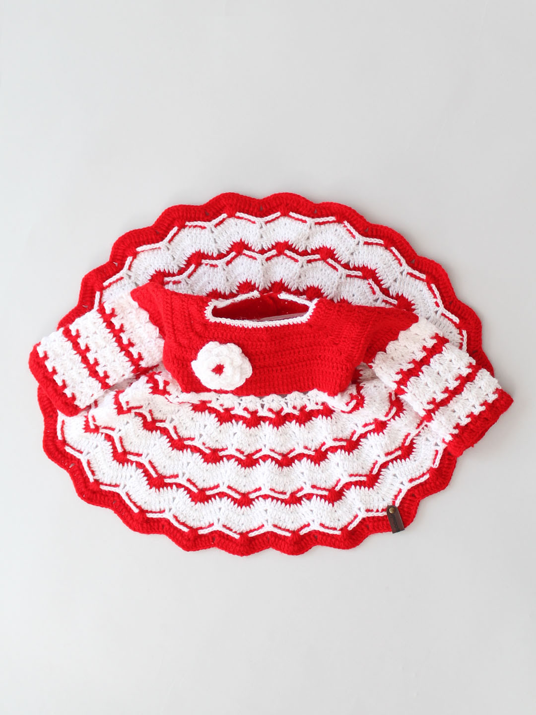 Full Sleeves Floral Applique Heavy woolen crochet Frock - Red