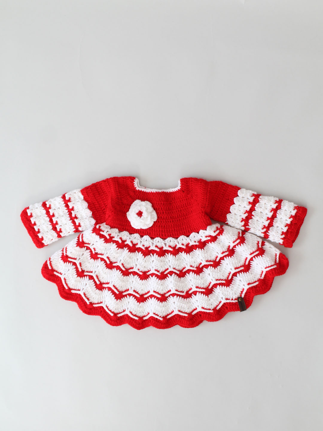 Full Sleeves Floral Applique Heavy woolen crochet Frock - Red