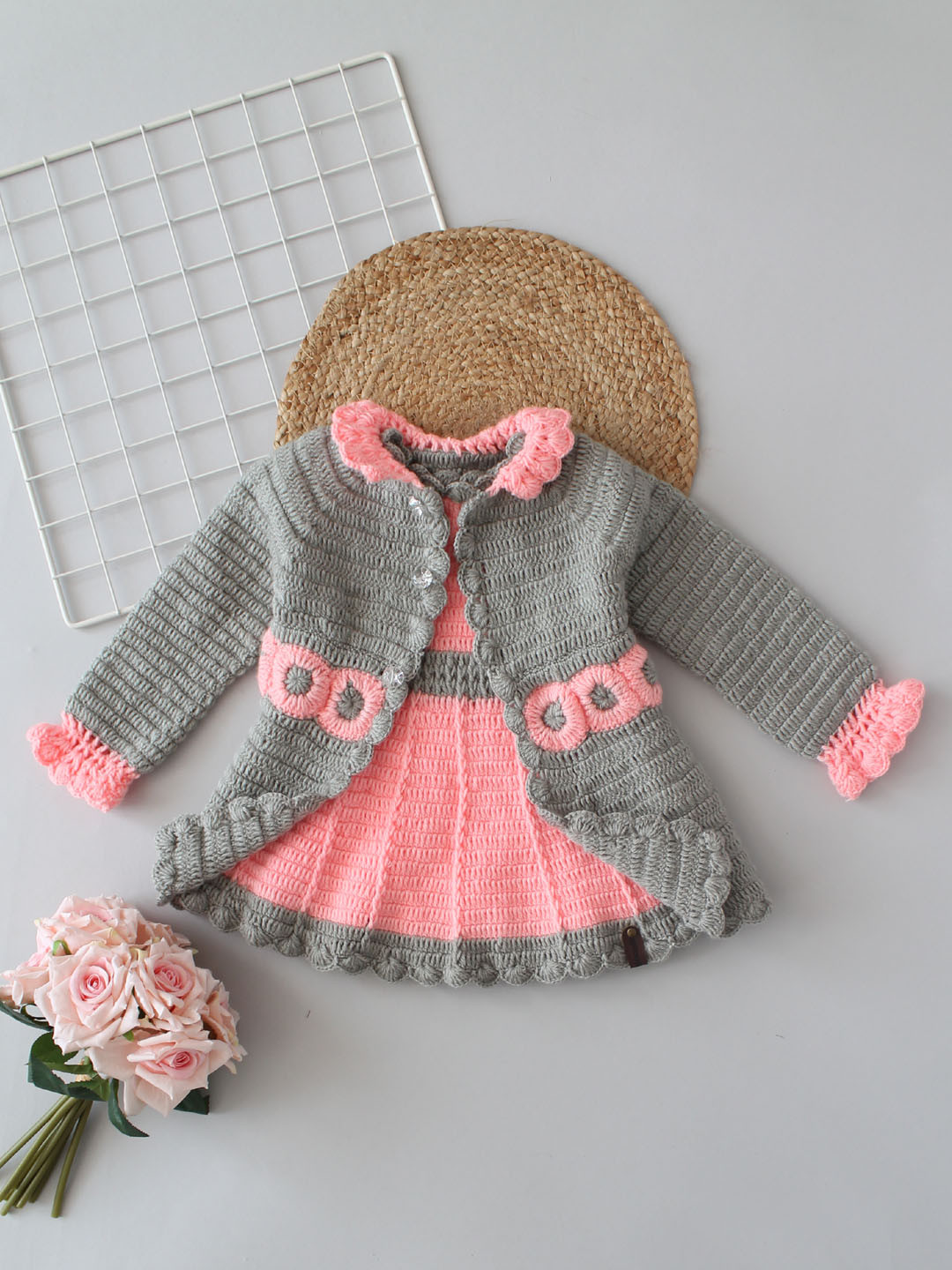 Full Sleeves Floral Crochet Wollen Midi Dress With Jacket - Grey