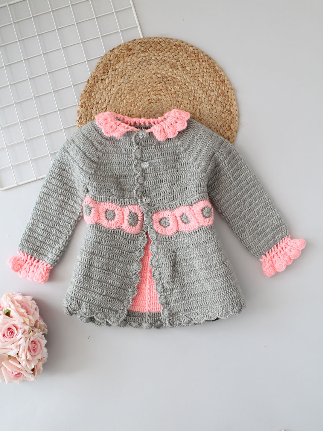 Full Sleeves Floral Crochet Wollen Midi Dress With Jacket - Grey
