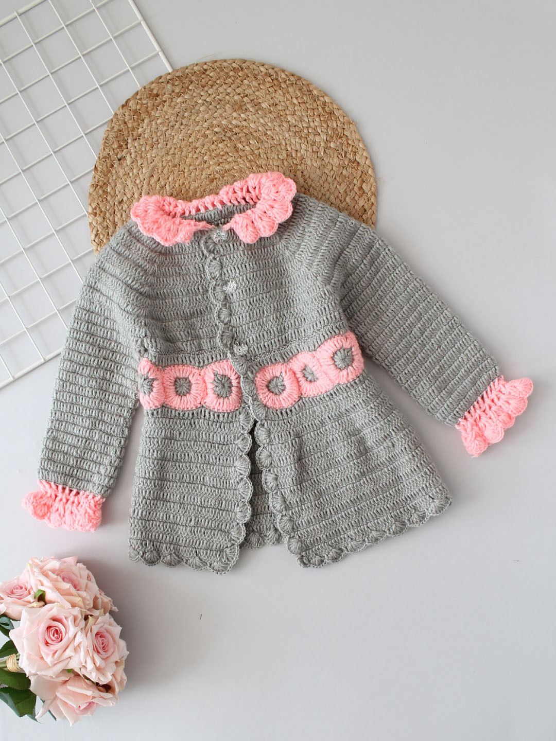 Full Sleeves Floral Crochet Wollen Midi Dress With Jacket - Grey