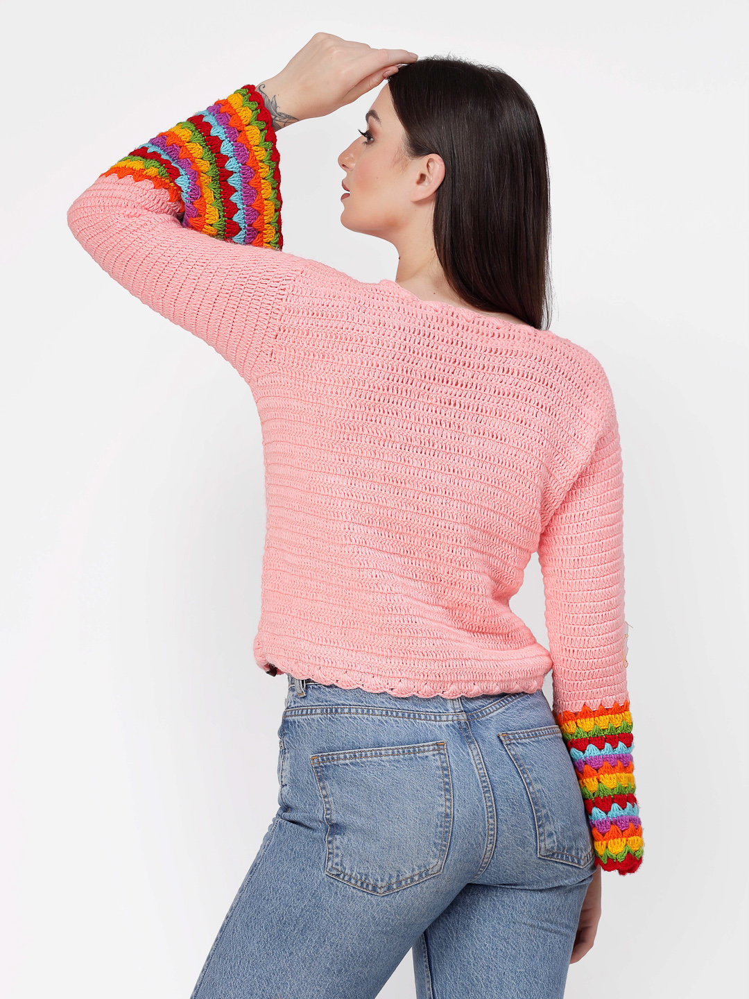 Handmade Crochet Bell Sleeves Winter Sweater - Peach