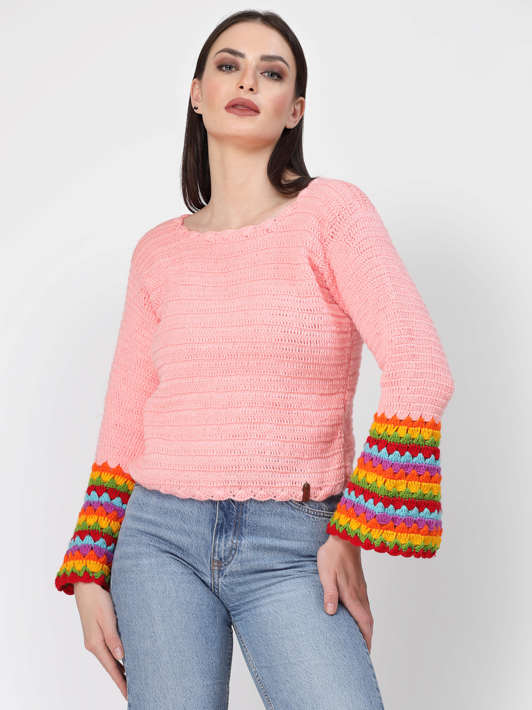Handmade Crochet Bell Sleeves Winter Sweater - Peach