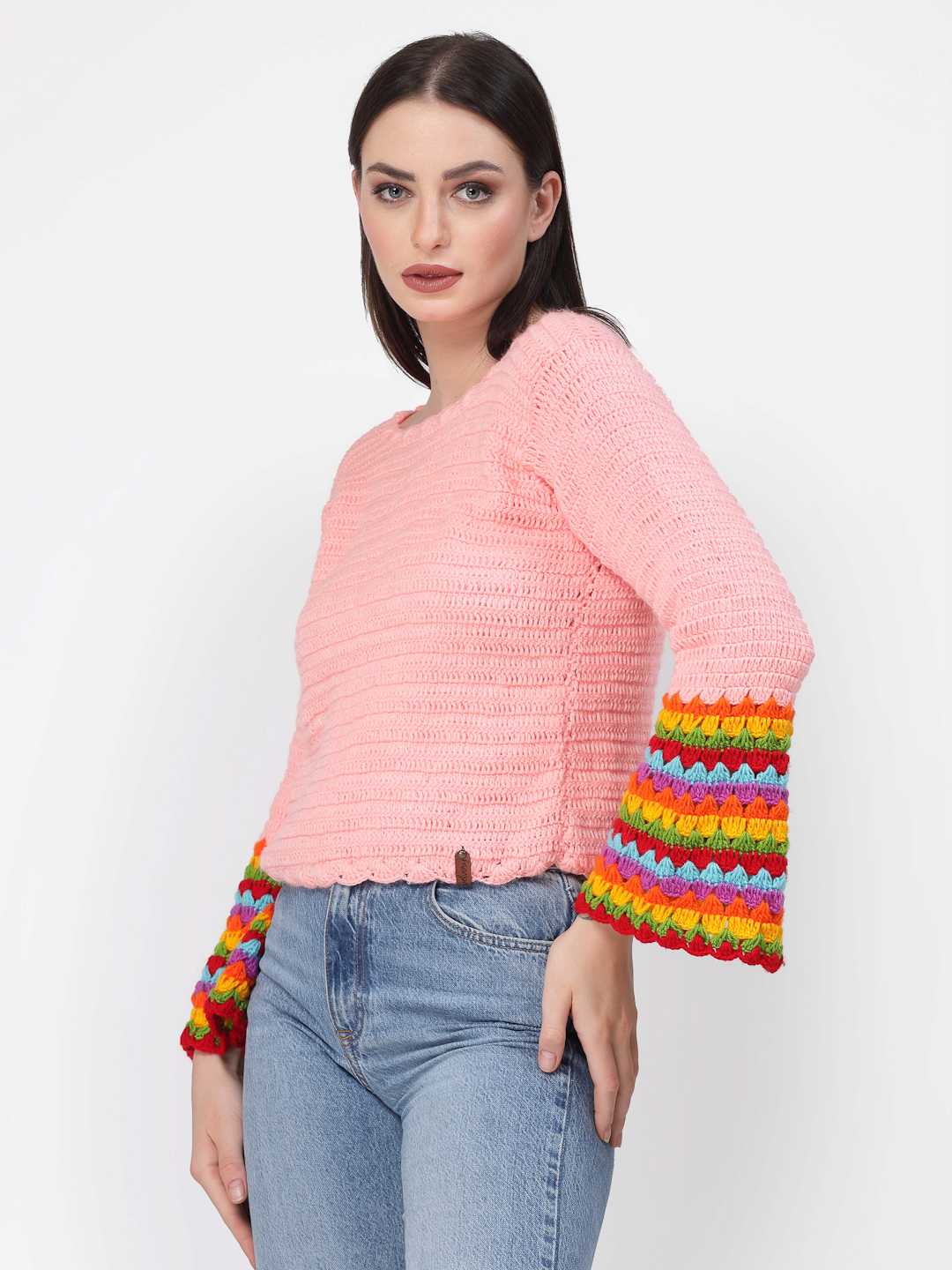 Handmade Crochet Bell Sleeves Winter Sweater - Peach