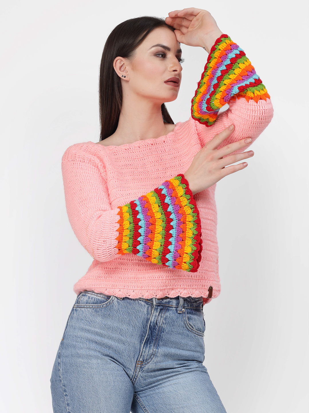 Handmade Crochet Bell Sleeves Winter Sweater - Peach