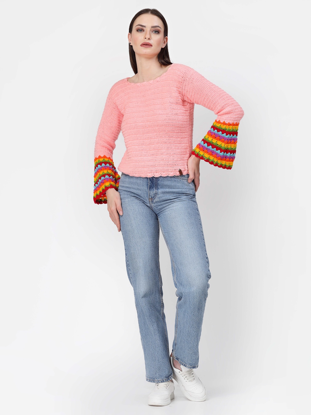 Handmade Crochet Bell Sleeves Winter Sweater - Peach