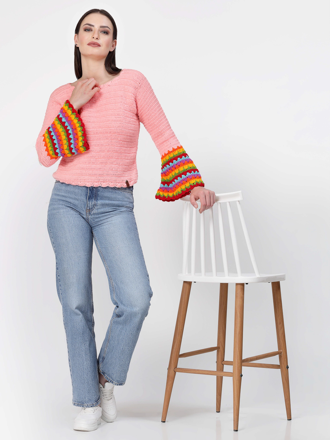 Handmade Crochet Bell Sleeves Winter Sweater - Peach