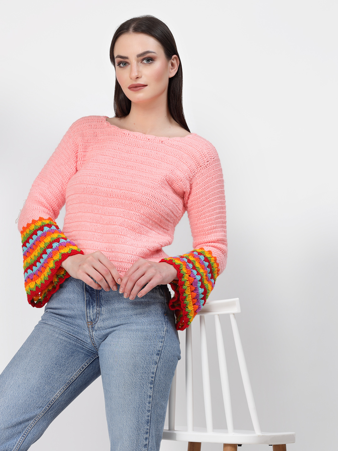 Handmade Crochet Bell Sleeves Winter Sweater - Peach