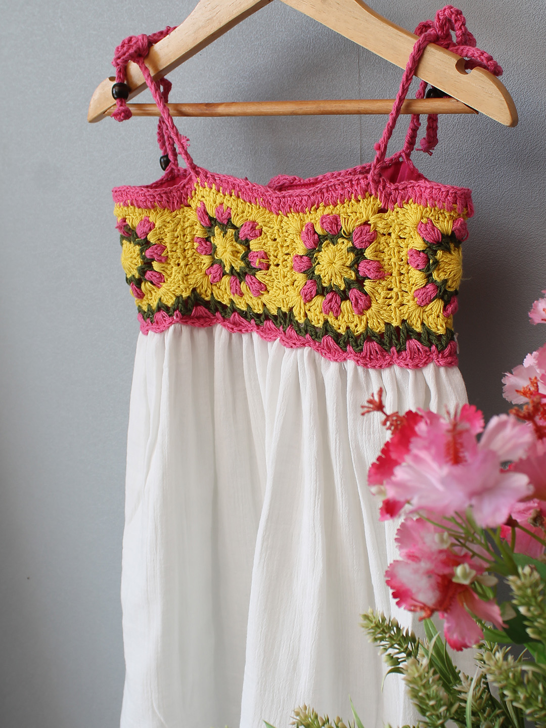 Woonie Granny Square Crochet Summer Dress - White