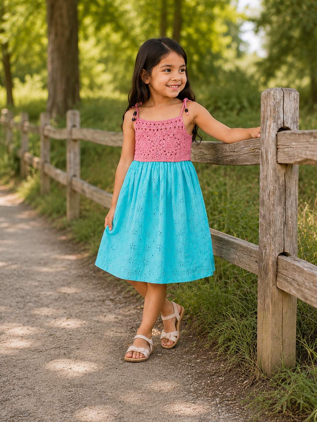 Woonie Schiffli Embroidered Crochet Detailed Dress - Blue