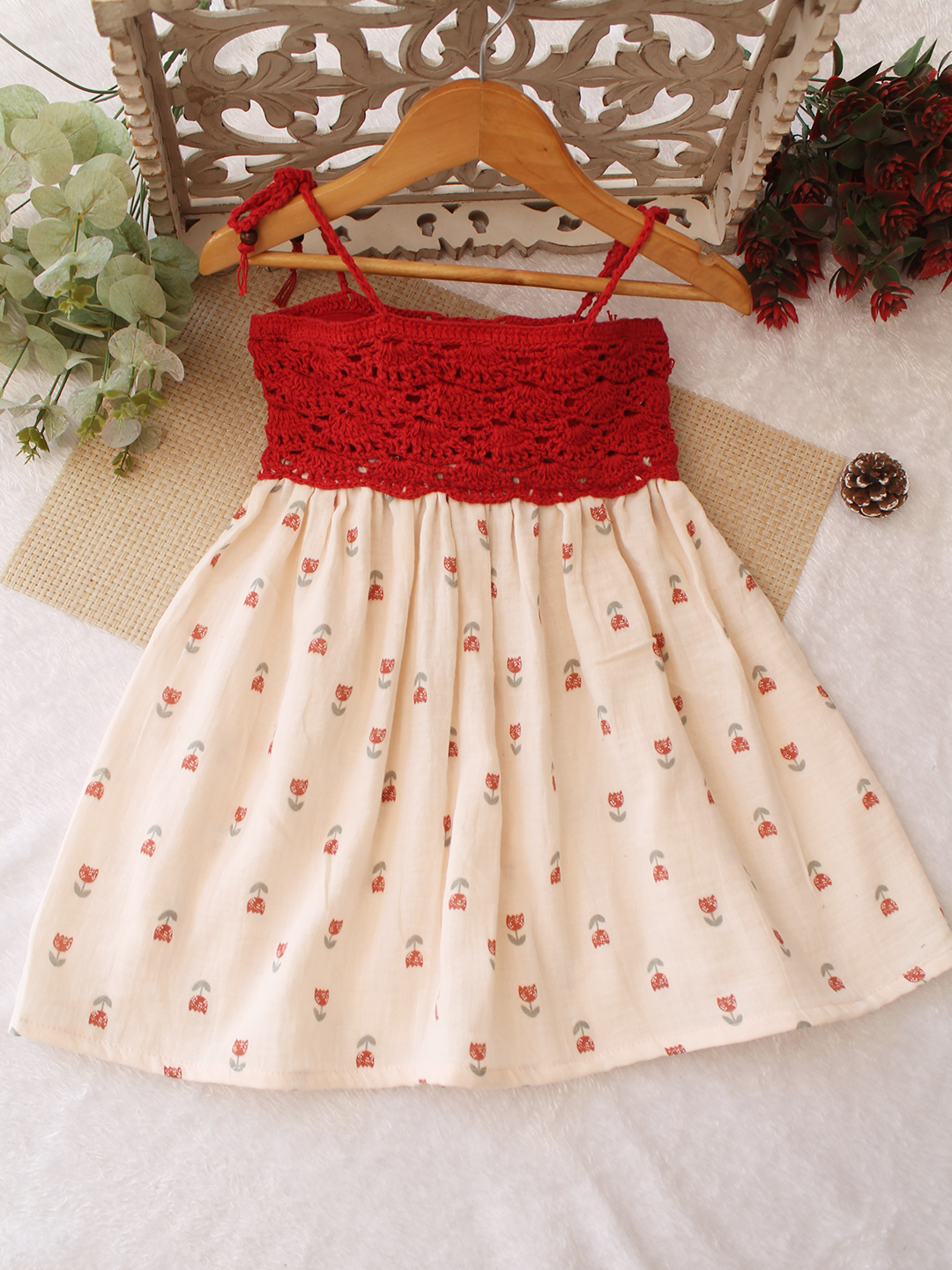 Woonie Printed Crochet Detailed Dress - Cream