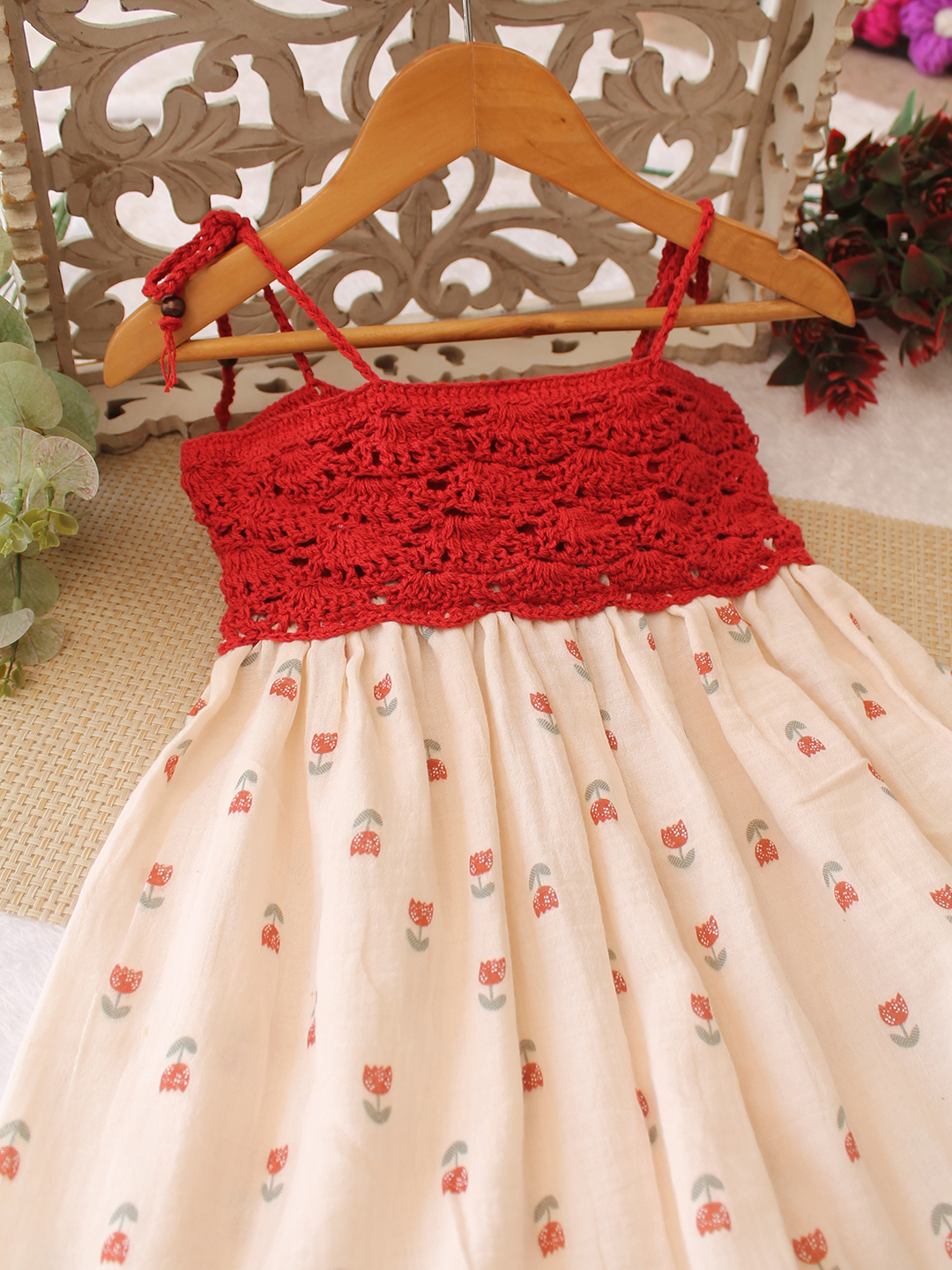 Woonie Printed Crochet Detailed Dress - Cream