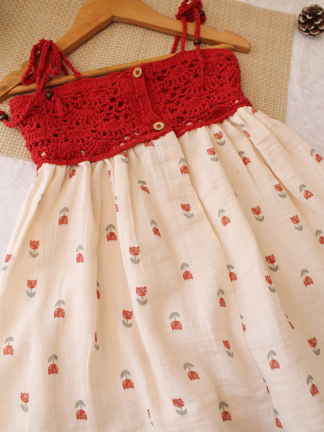 Woonie Printed Crochet Detailed Dress - Cream