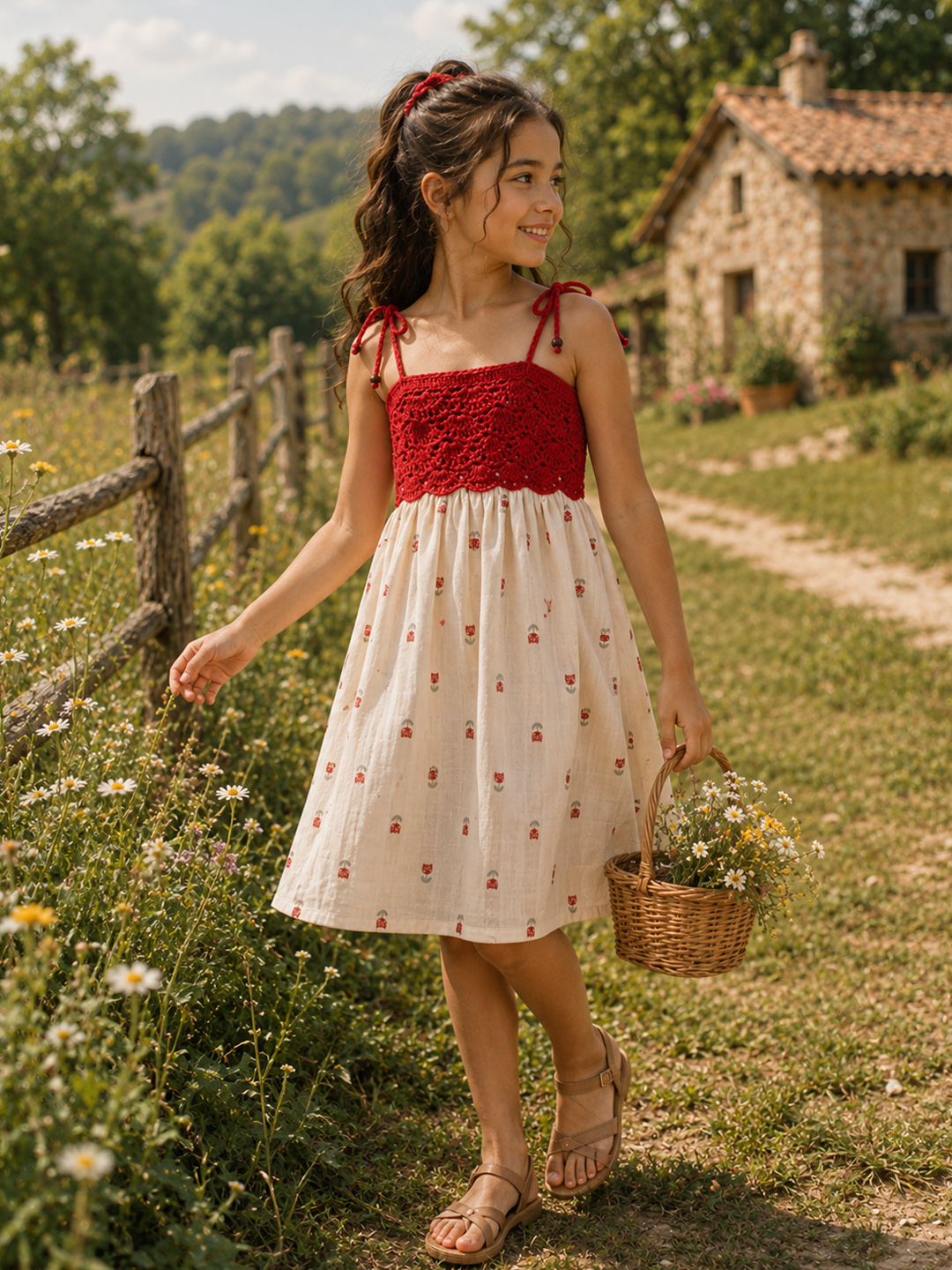 Woonie Printed Crochet Detailed Dress - Cream