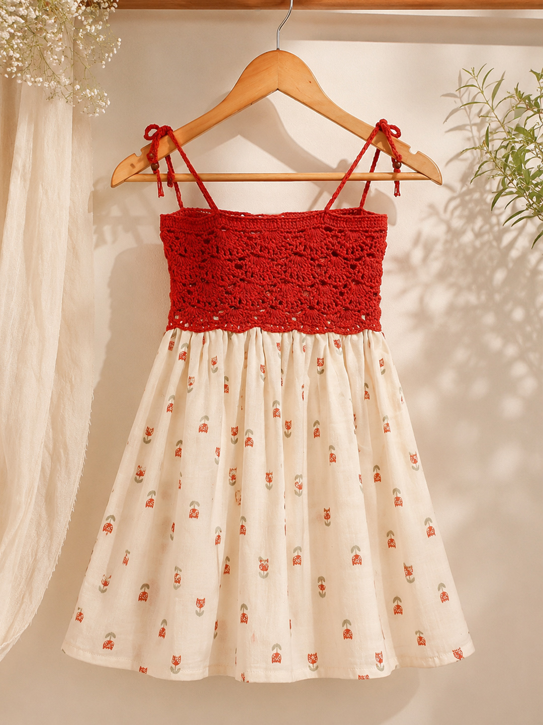 Woonie Printed Crochet Detailed Dress - Cream