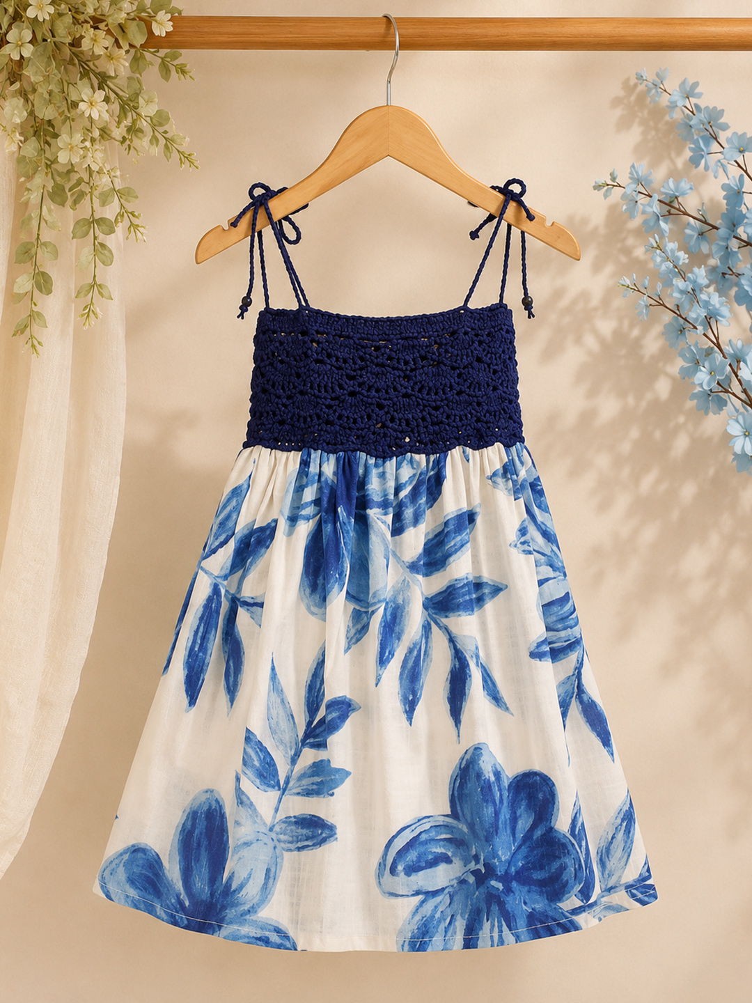Woonie Printed Crochet Detailed Dress - Blue