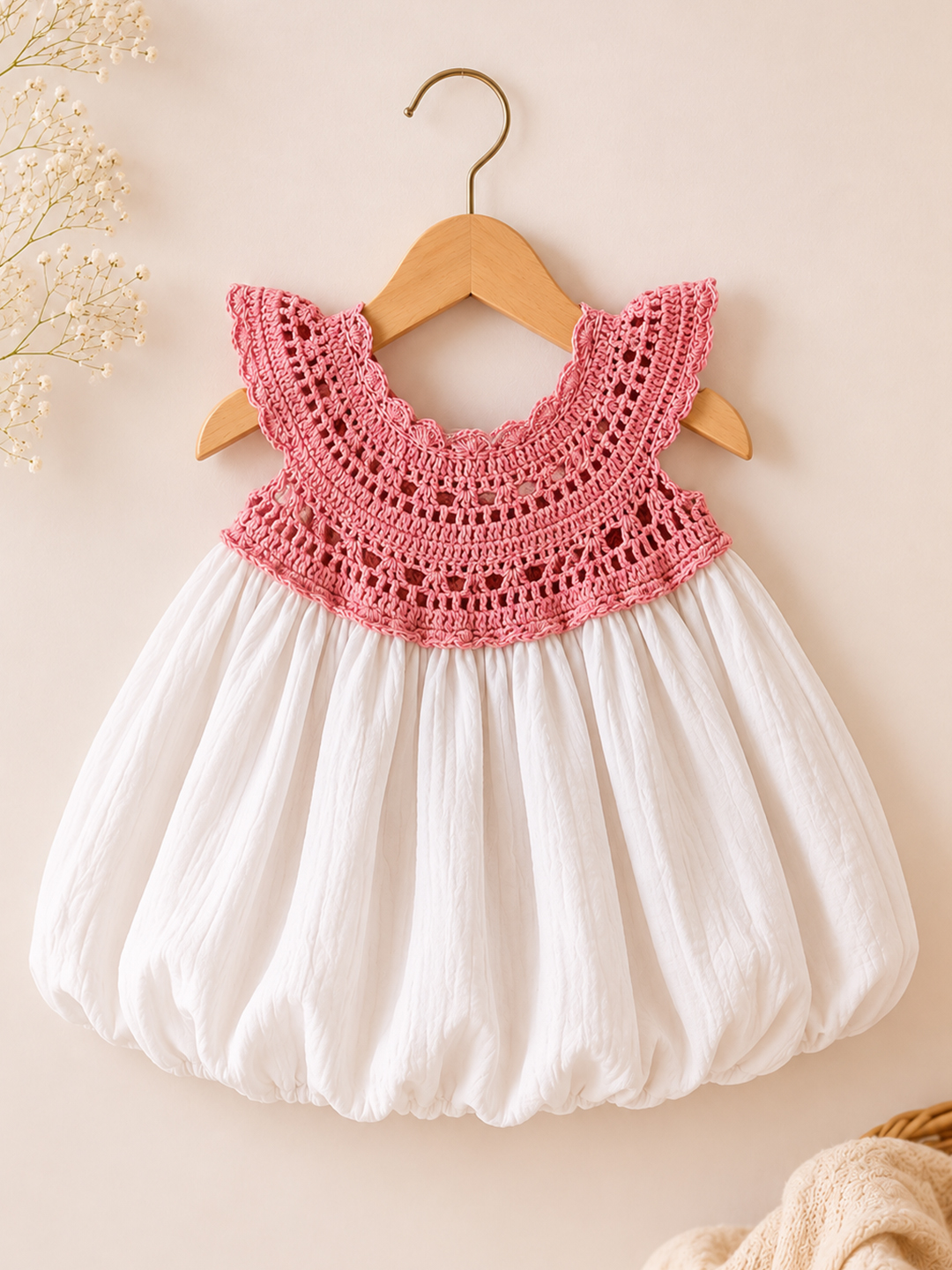 Woonie Balloon Frock with Crochet Detailing - White
