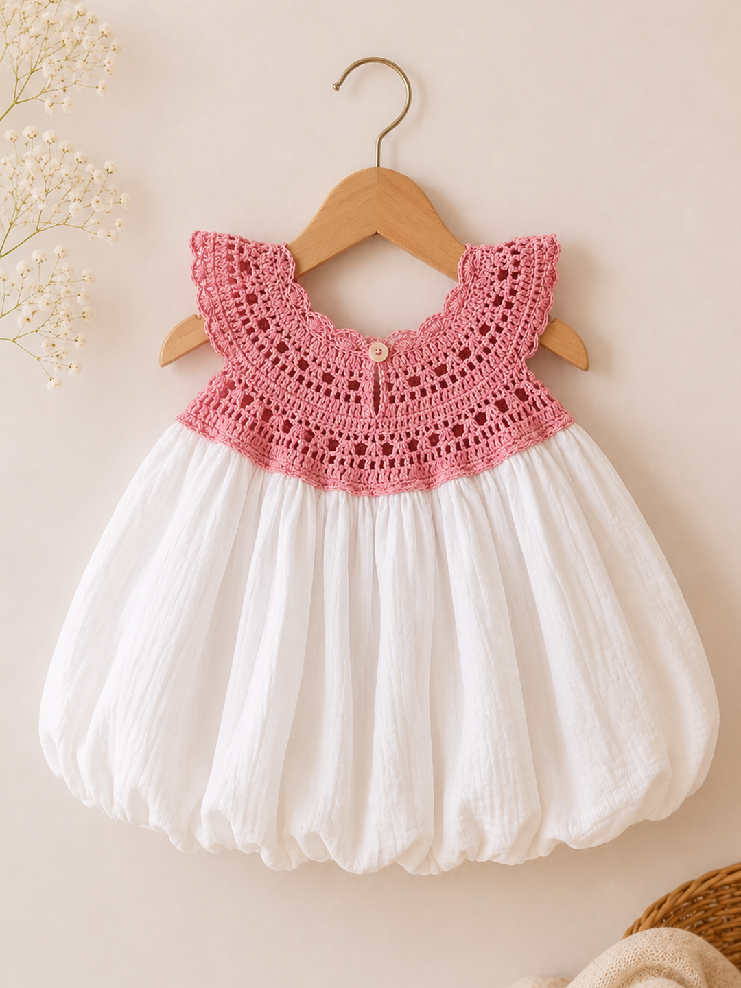 Woonie Balloon Frock with Crochet Detailing - White