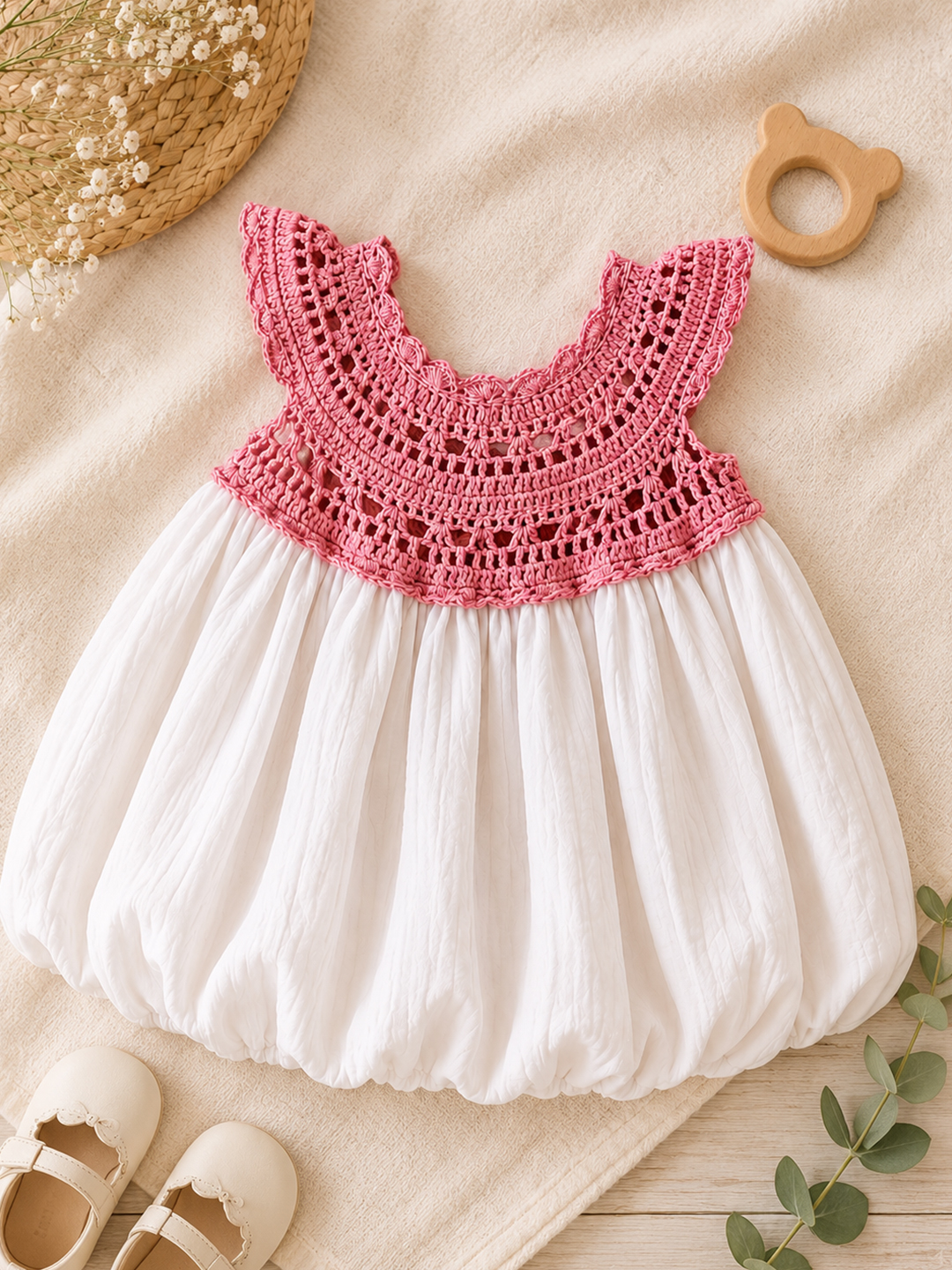 Woonie Balloon Frock with Crochet Detailing - White