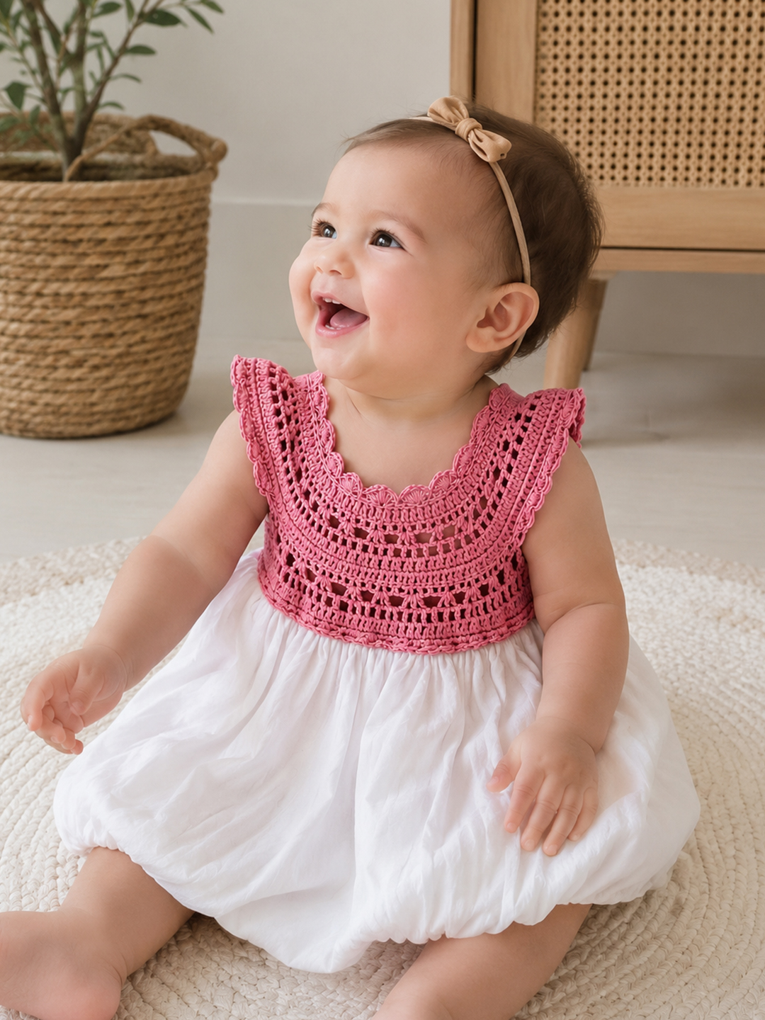 Woonie Balloon Frock with Crochet Detailing - White