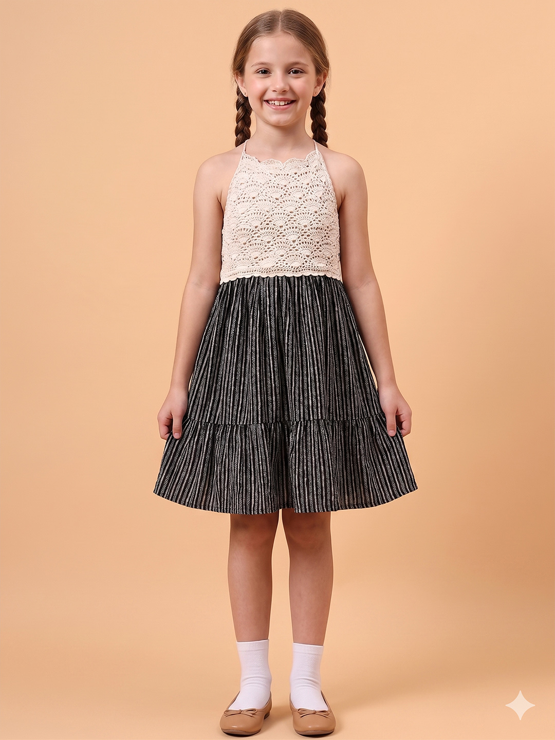 Woonie Printed Crochet Detailed Dress - Black