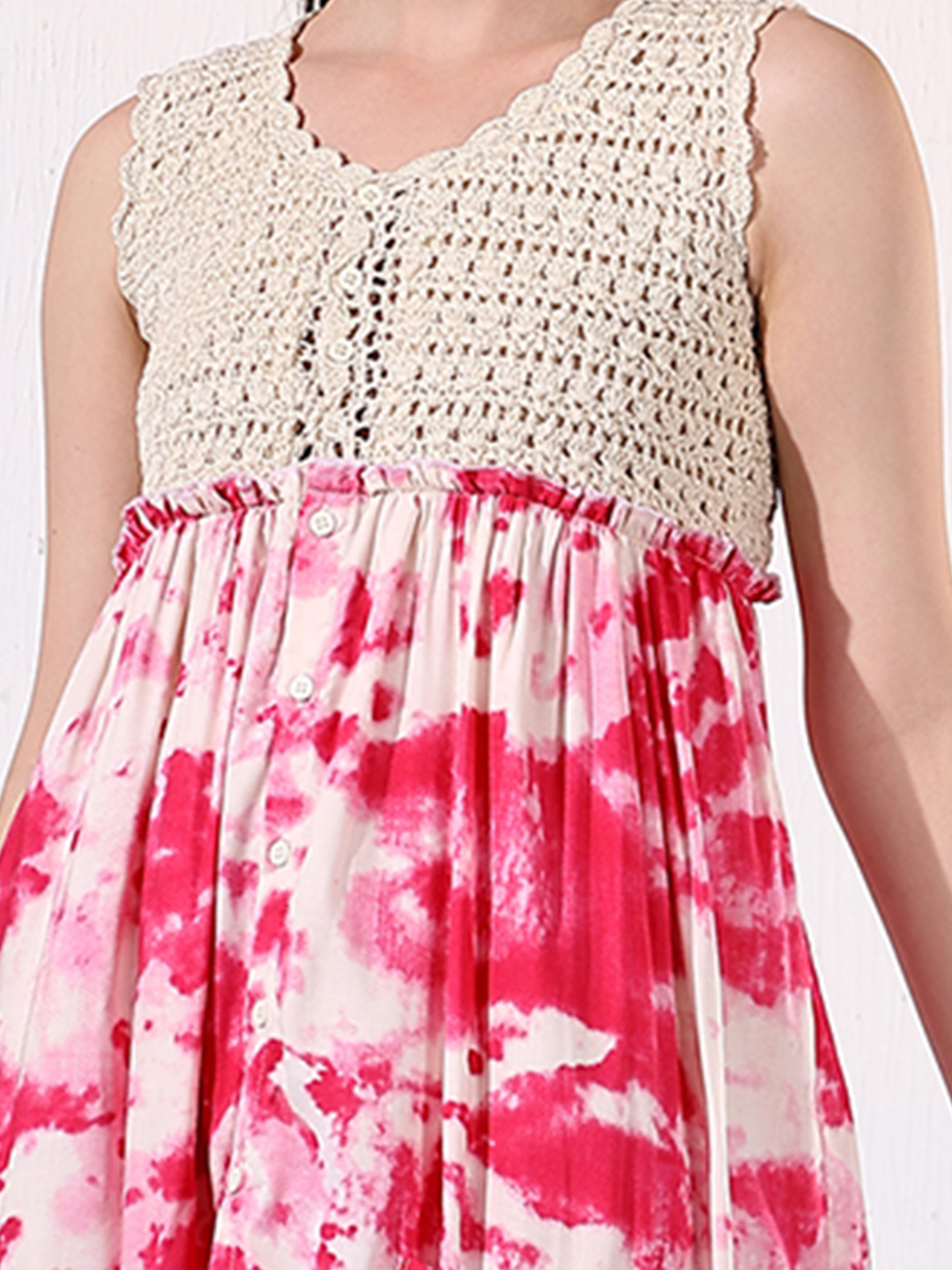 Woonie Printed Crochet Detailed Dress - Pink