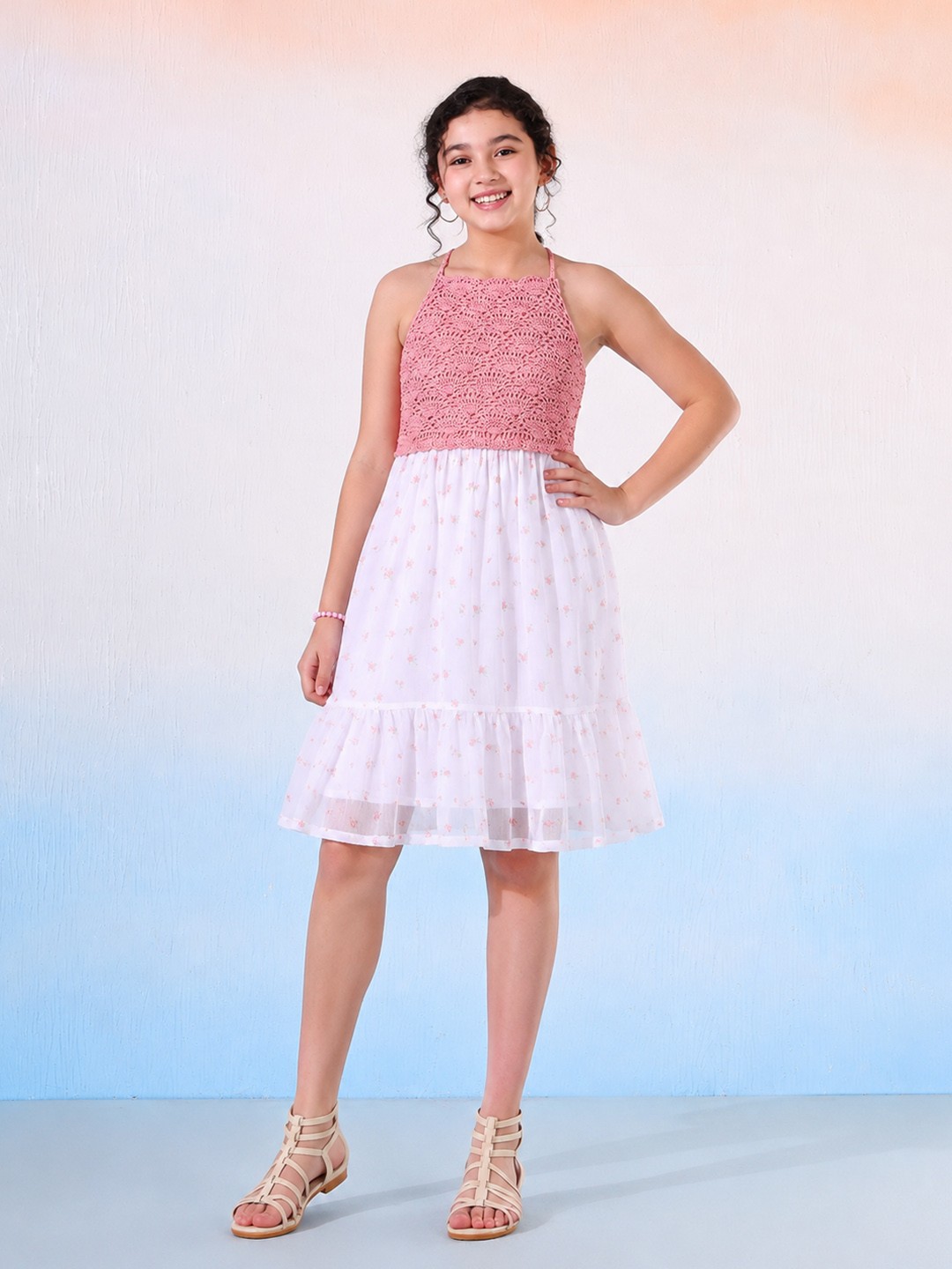 Woonie Printed Crochet Detailed Dress - White