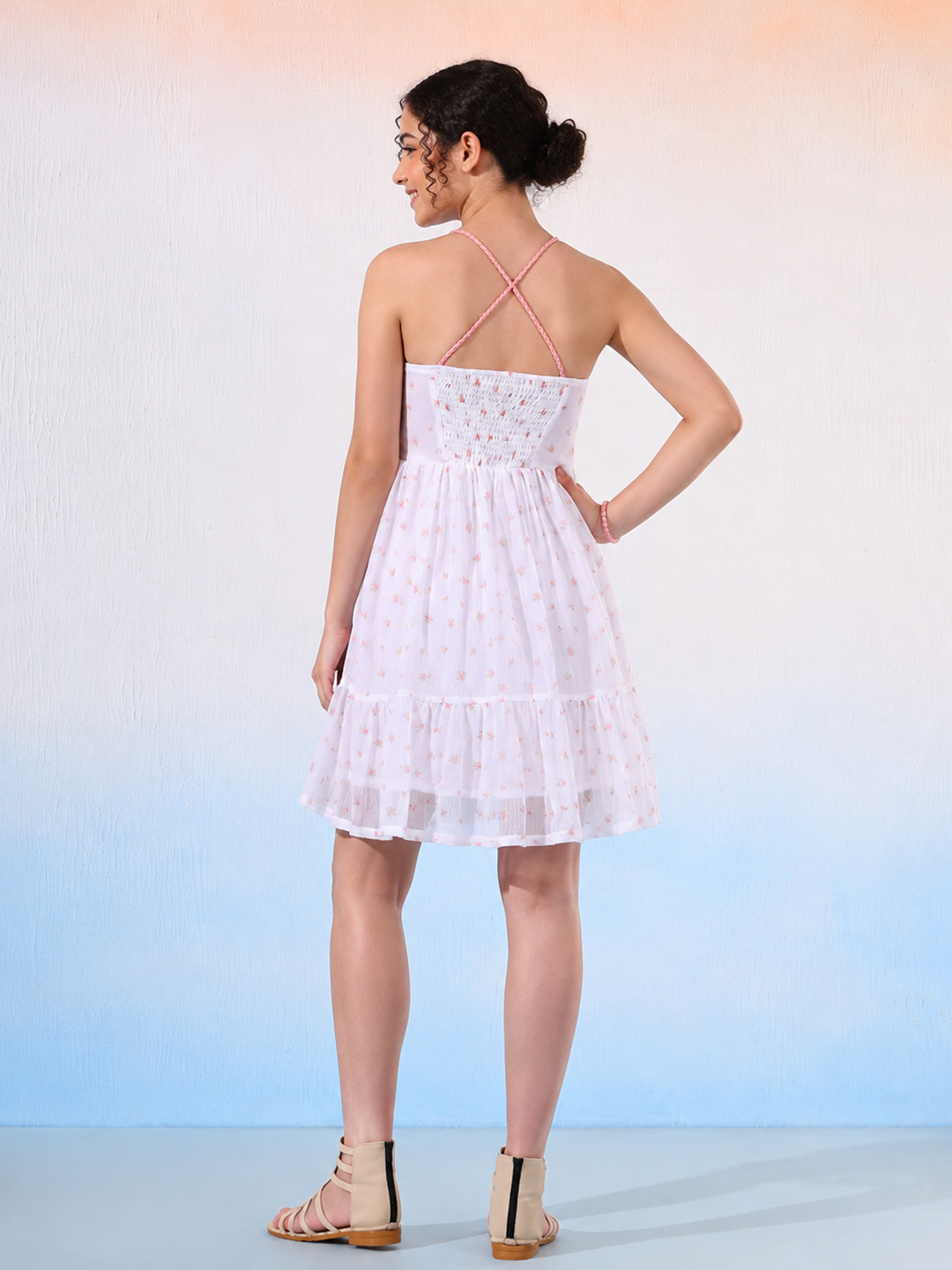 Woonie Printed Crochet Detailed Dress - White