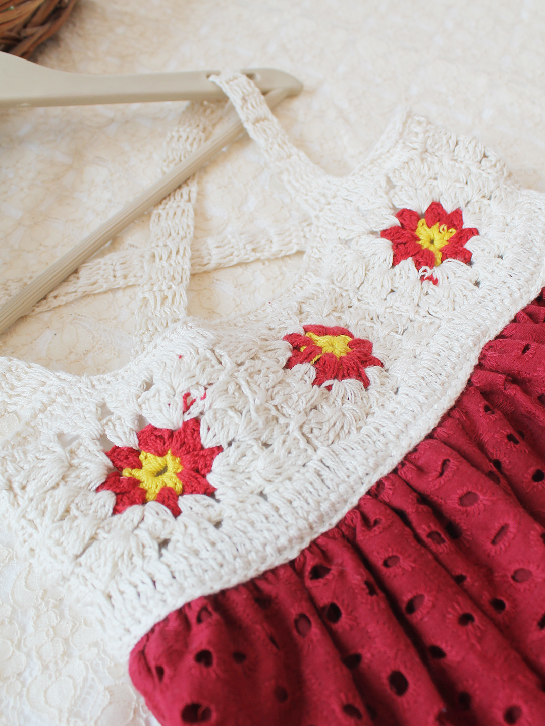 Woonie Cotton Hand Knitted Sleeveless Schiffli Embroidered Crochet Detailed Dress - Maroon