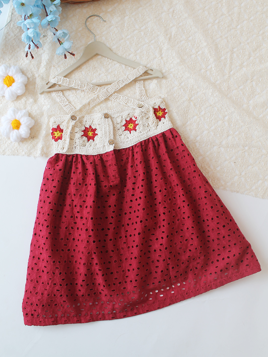 Woonie Cotton Hand Knitted Sleeveless Schiffli Embroidered Crochet Detailed Dress - Maroon