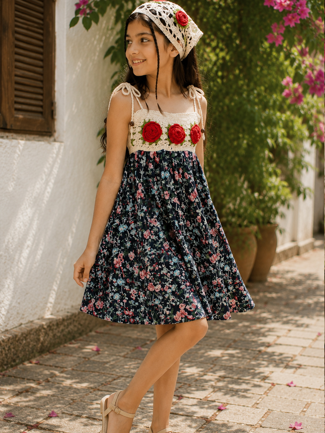 Woonie Cotton Hand Knitted Sleeveless Printed Crochet Detailed Dress - Multicolor