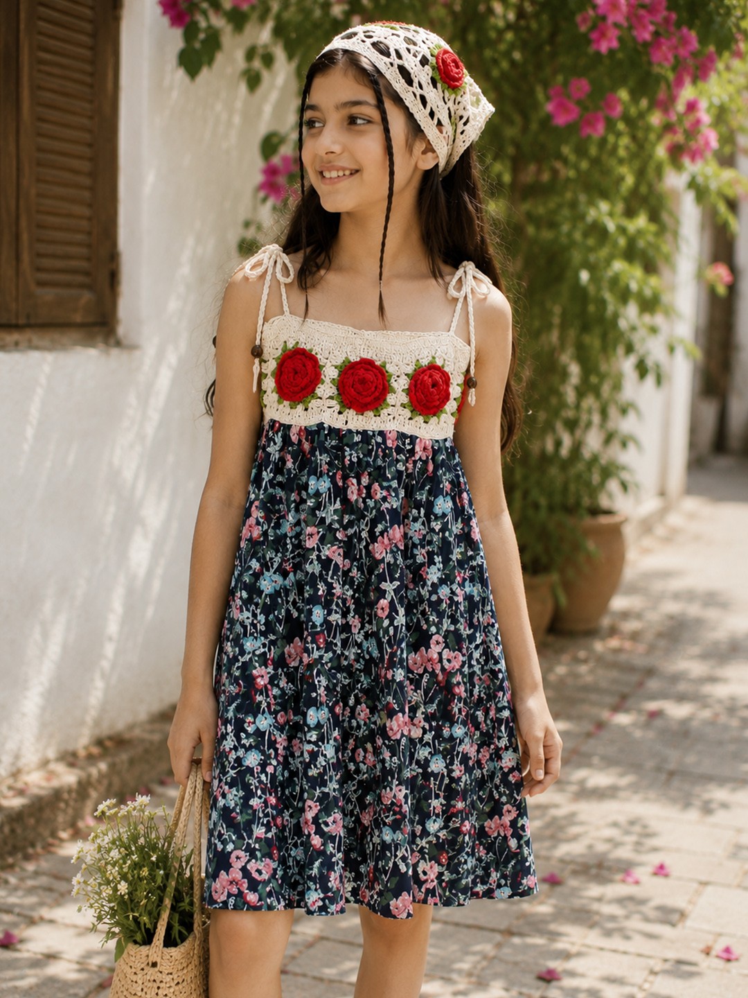 Woonie Cotton Hand Knitted Sleeveless Printed Crochet Detailed Dress - Multicolor