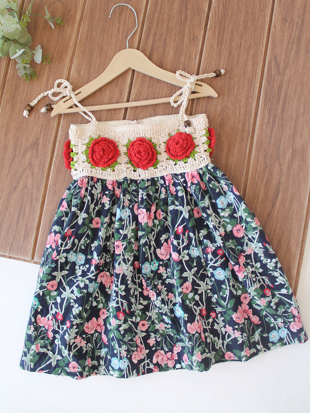 Woonie Cotton Hand Knitted Sleeveless Printed Crochet Detailed Dress - Multicolor
