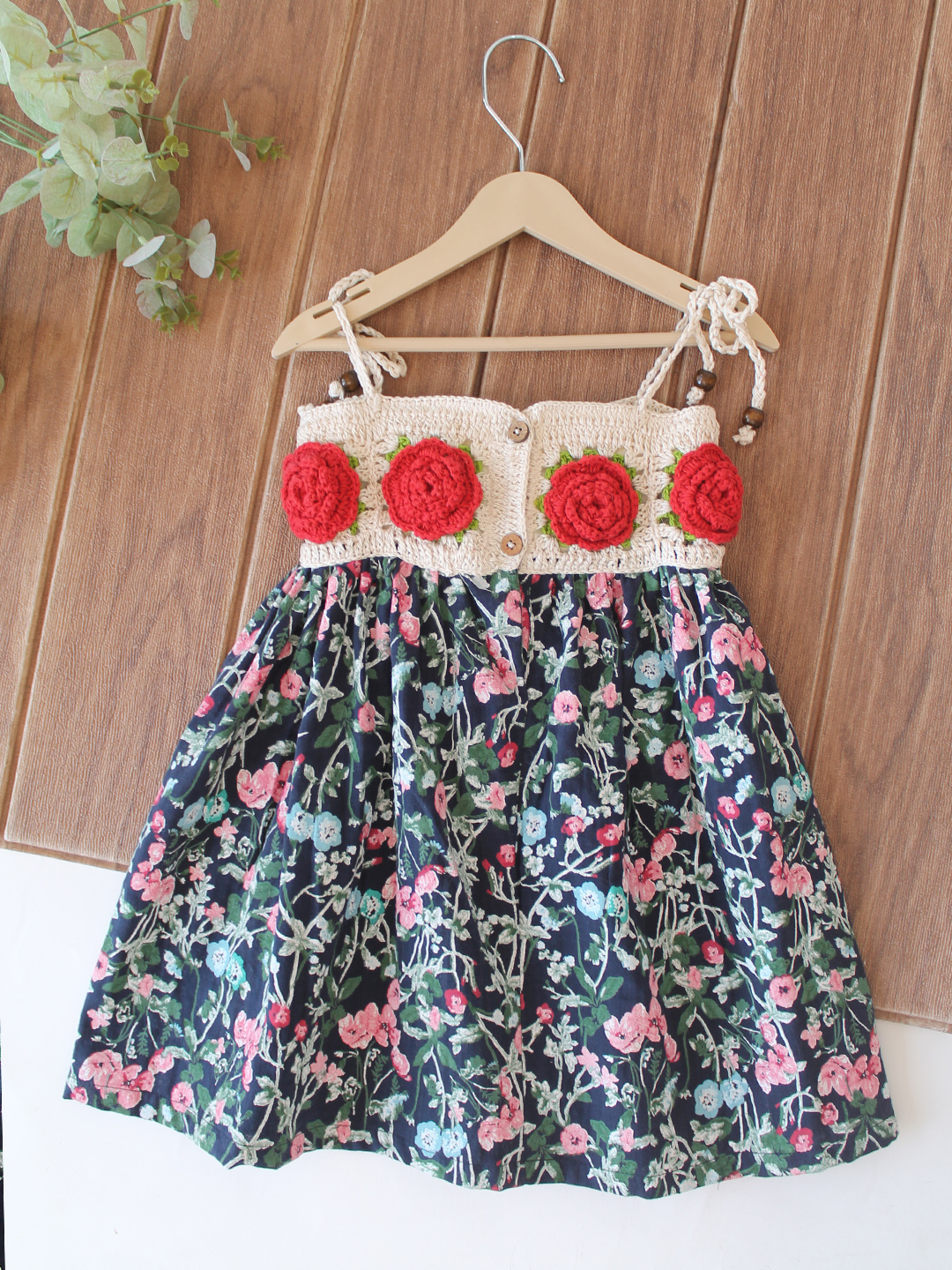 Woonie Cotton Hand Knitted Sleeveless Printed Crochet Detailed Dress - Multicolor