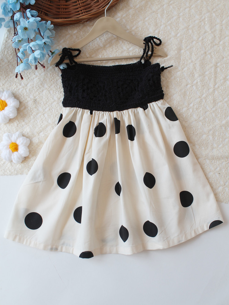 Image of Woonie Cotton Hand Knitted Sleeveless Polka Dot Crochet Detailed Dress - Cream