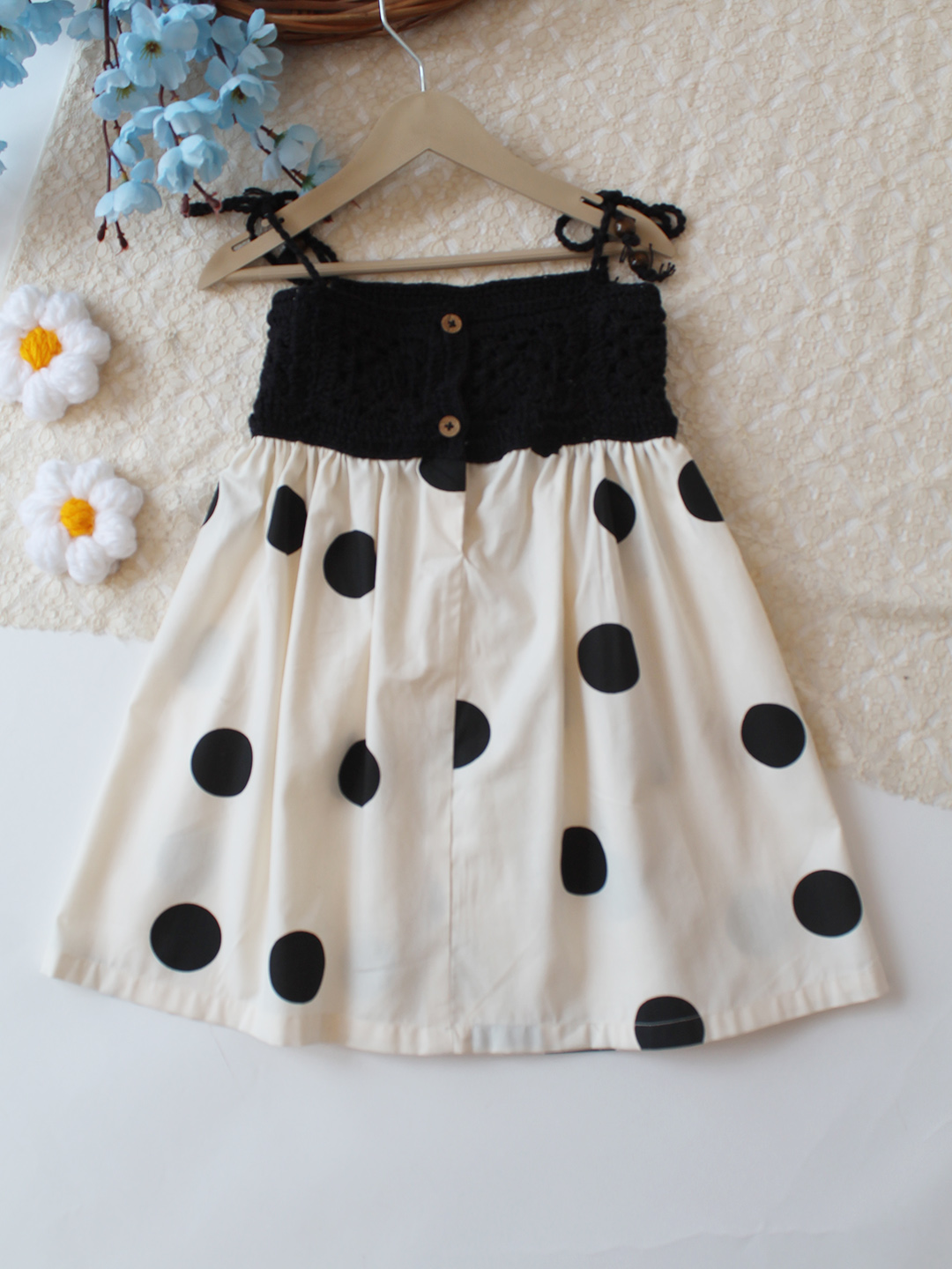 Woonie Cotton Hand Knitted Sleeveless Polka Dot Crochet Detailed Dress - Cream