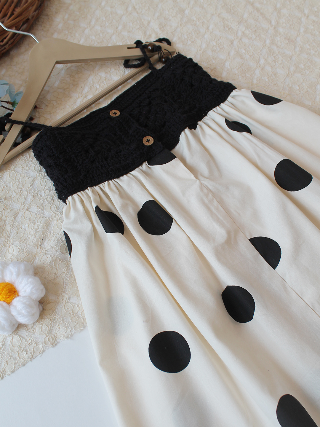 Woonie Cotton Hand Knitted Sleeveless Polka Dot Crochet Detailed Dress - Cream