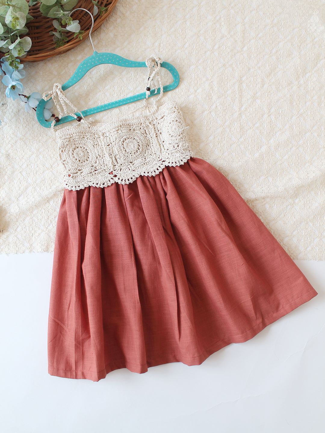 Woonie Cotton Hand Knitted Sleeveless Crochet Detailed Dress - Rust Orange