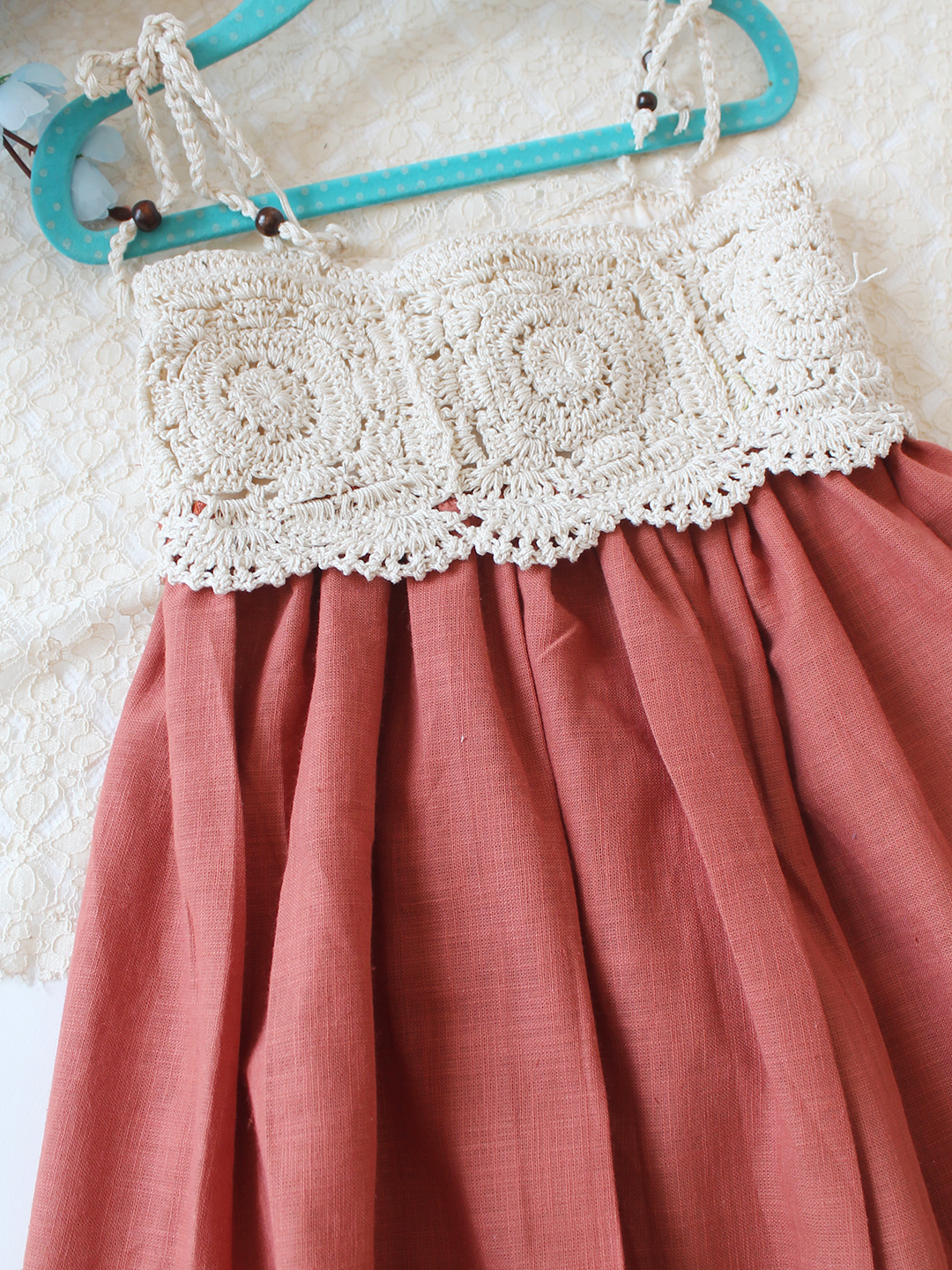 Woonie Cotton Hand Knitted Sleeveless Crochet Detailed Dress - Rust Orange