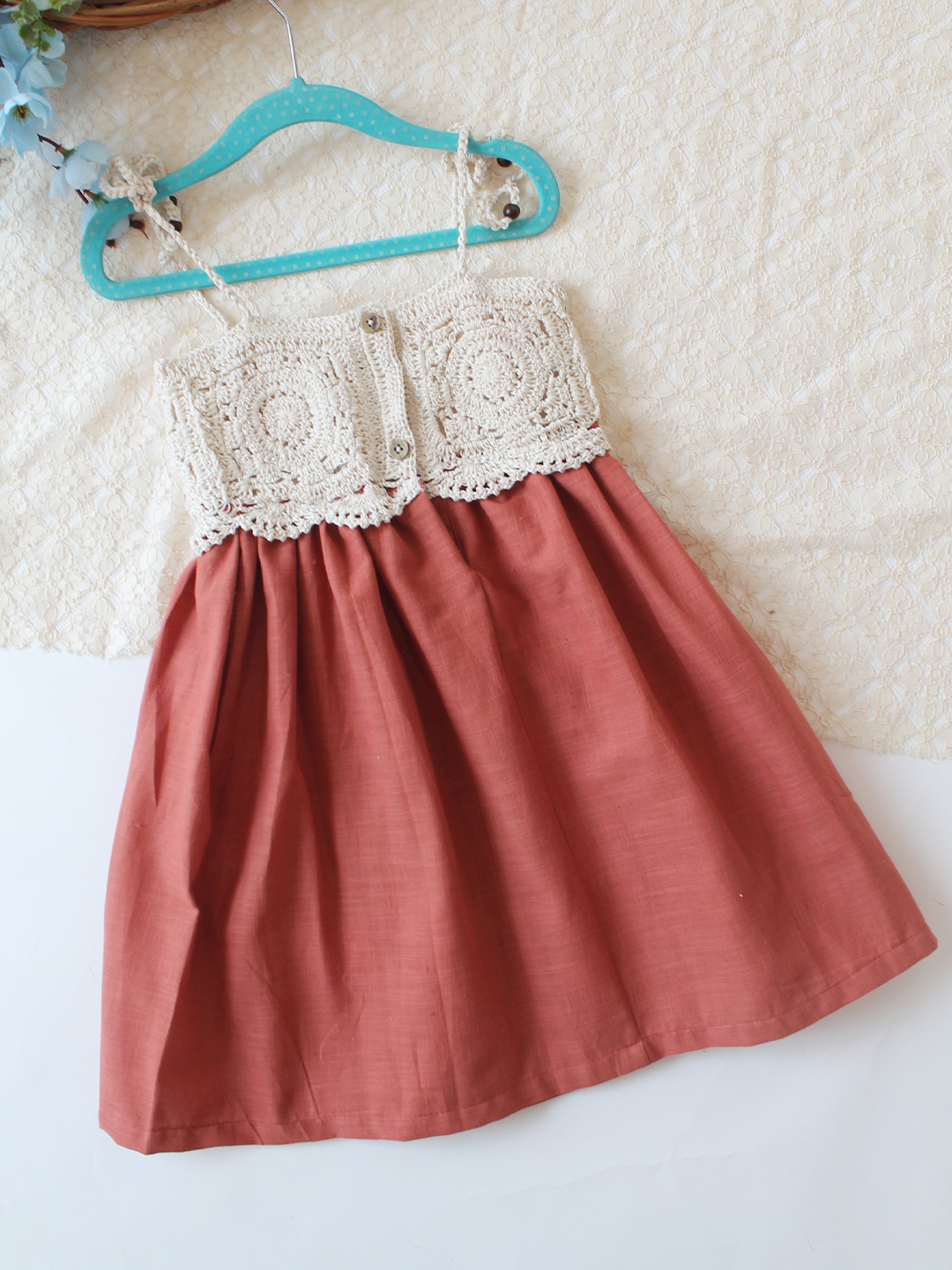 Woonie Cotton Hand Knitted Sleeveless Crochet Detailed Dress - Rust Orange