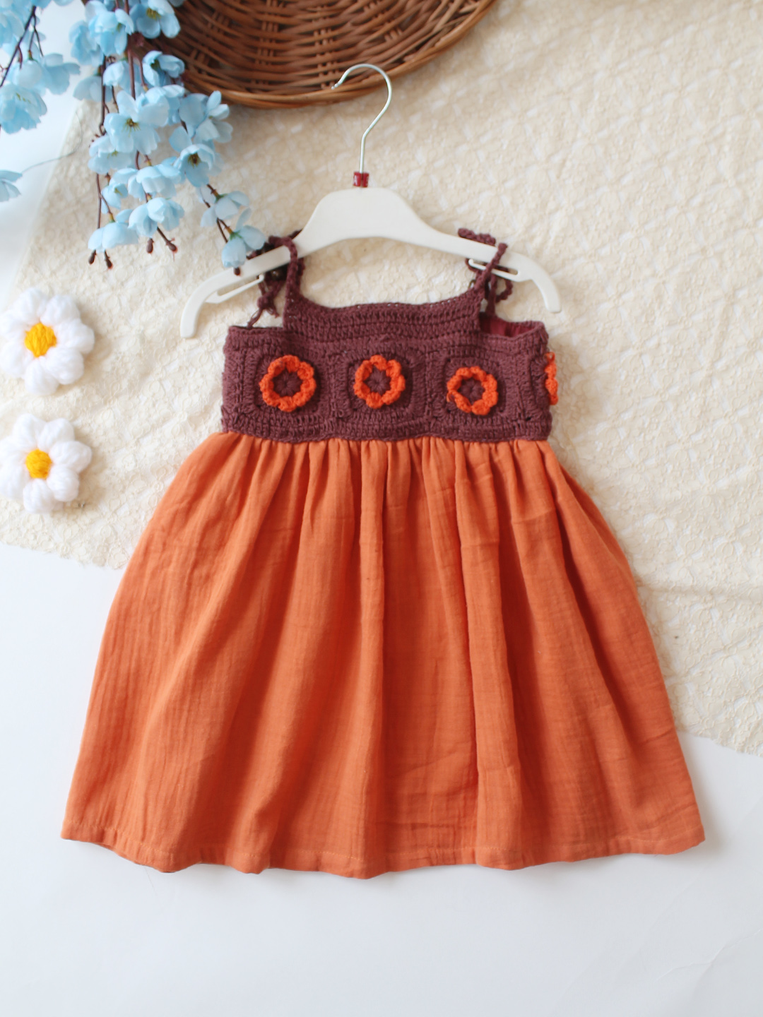 Woonie Cotton Hand Knitted Sleeveless Crochet Detailed Dress - Orange