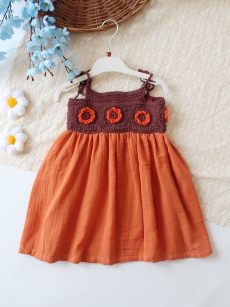 Image of Woonie Cotton Hand Knitted Sleeveless Crochet Detailed Dress - Orange