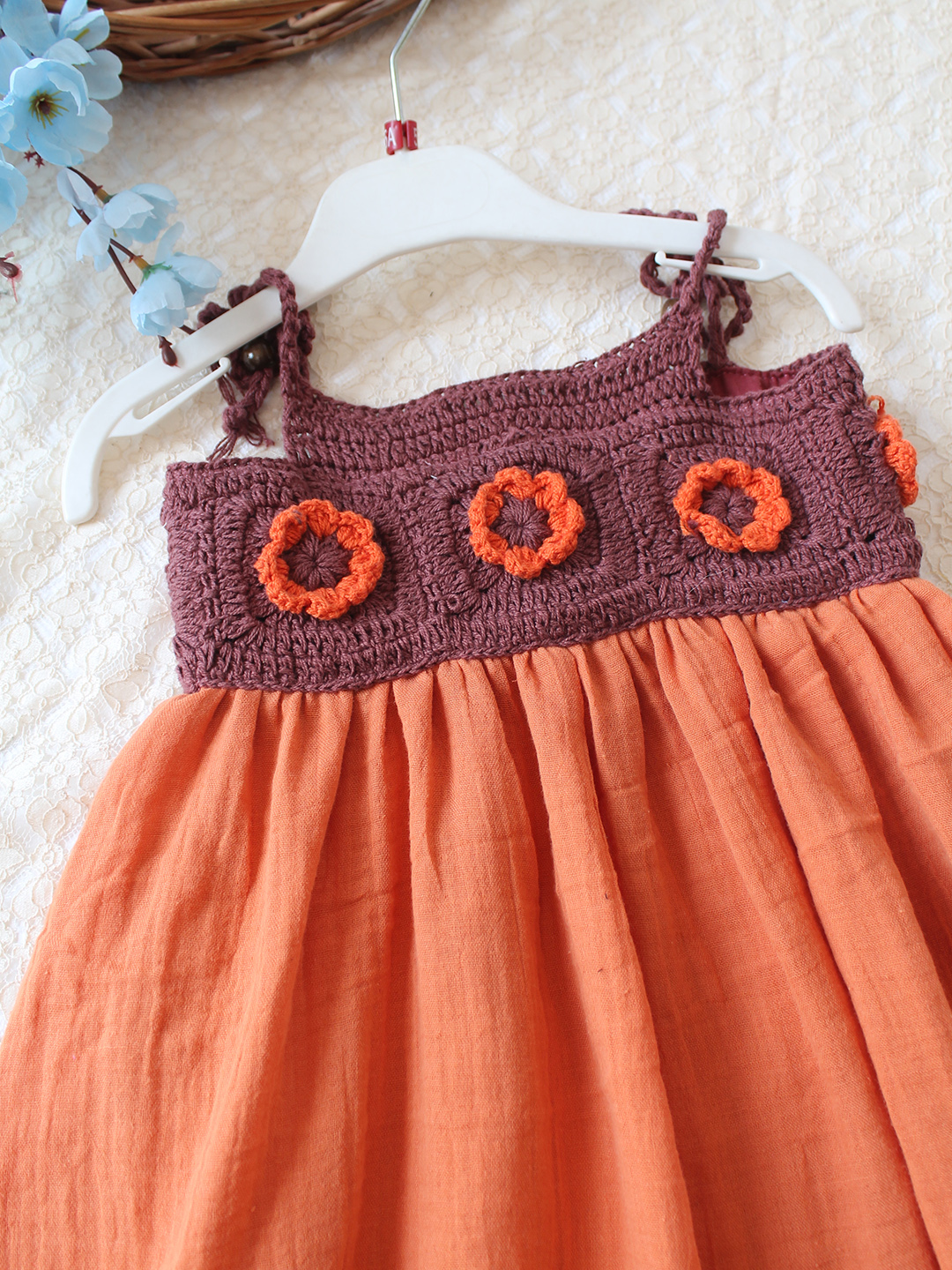Woonie Cotton Hand Knitted Sleeveless Crochet Detailed Dress - Orange