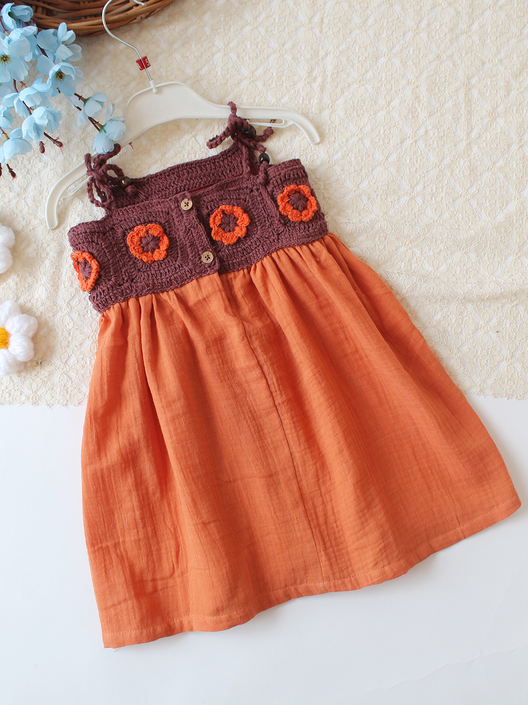 Woonie Cotton Hand Knitted Sleeveless Crochet Detailed Dress - Orange