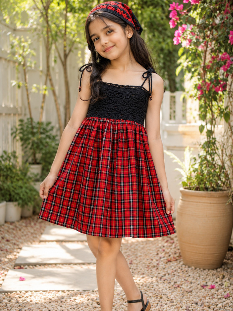 Image of Woonie Cotton Hand Knitted Sleeveless Checkered Crochet Detailed Dress - Red